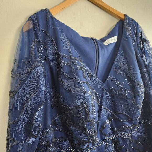 NEW Mac Duggal Navy Embellished Illusion Long Sleeve V-Neck A-Line Mesh Gown - Picture 5 of 14